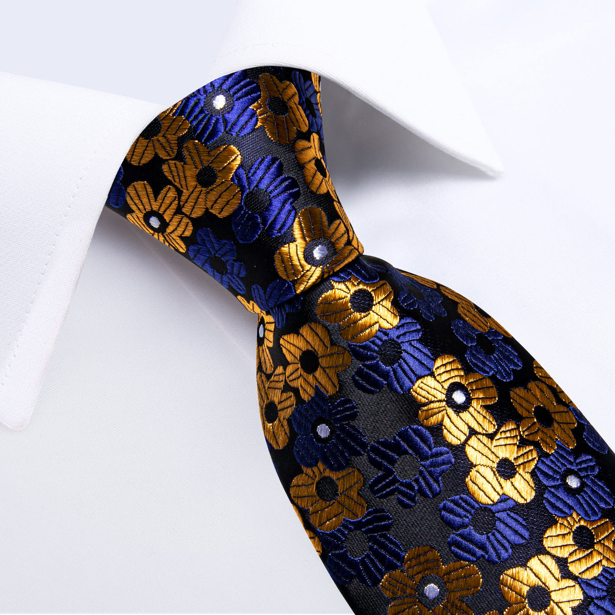 Blue, Yellow and Black Floral Silk Tie, Pocket Square and Cufflinks tie sets - Sophisticated Gentlemen
