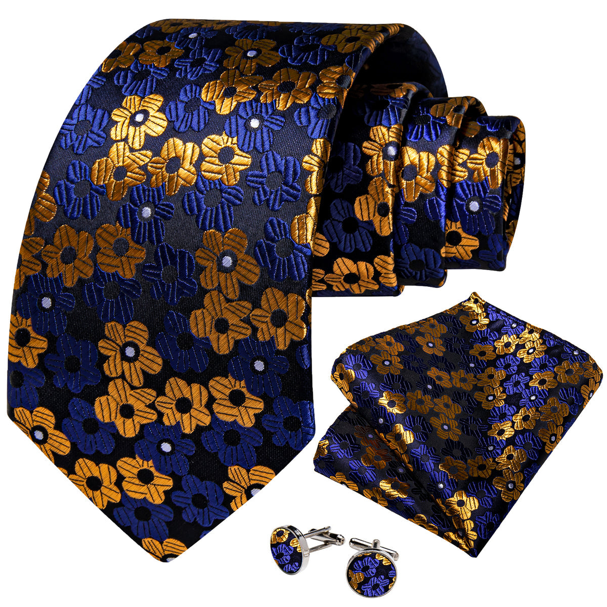Blue, Yellow and Black Floral Silk Tie, Pocket Square and Cufflinks tie sets - Sophisticated Gentlemen