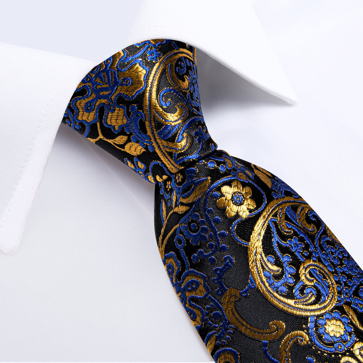 Elegant Black, Blue, and Gold Floral Silk Tie, Pocket Square and Cufflinks tie sets - Sophisticated Gentlemen