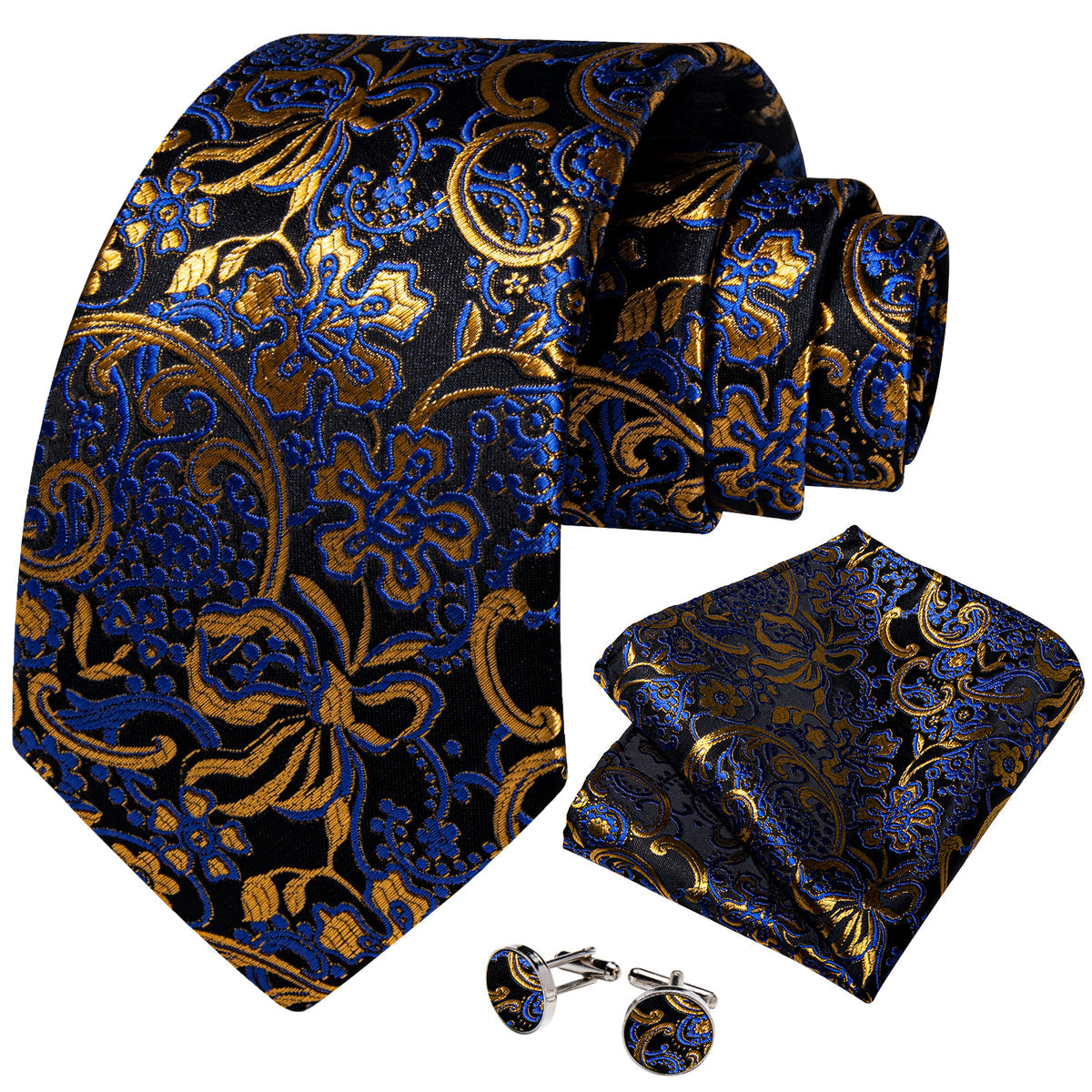 Elegant Black, Blue, and Gold Floral Silk Tie, Pocket Square and Cufflinks tie sets - Sophisticated Gentlemen
