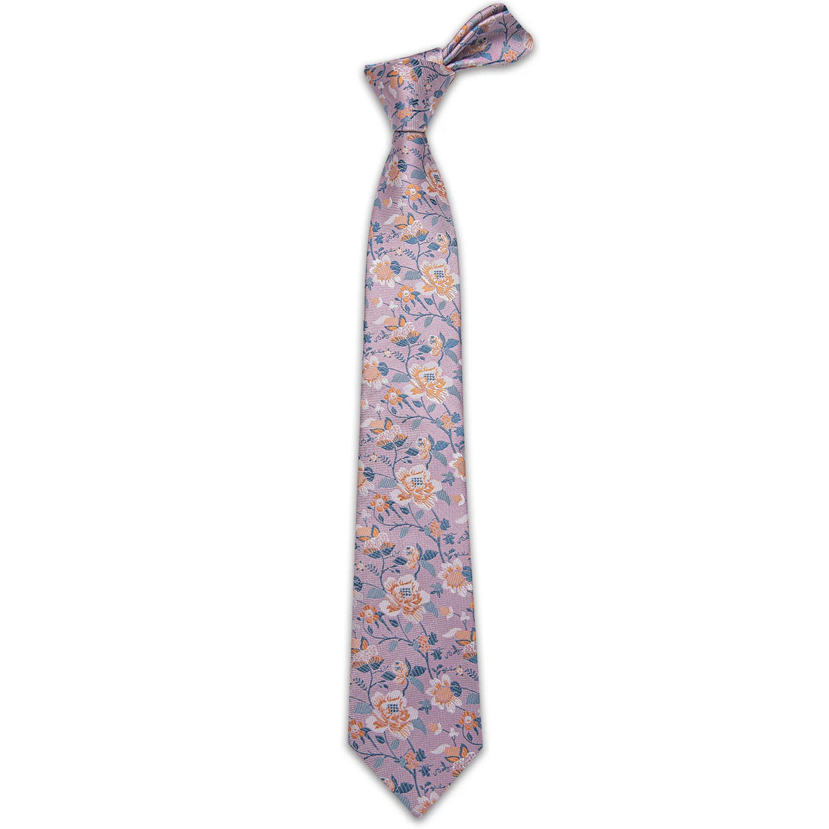 Full length pink floral men's necktie with blue and orange flower pattern