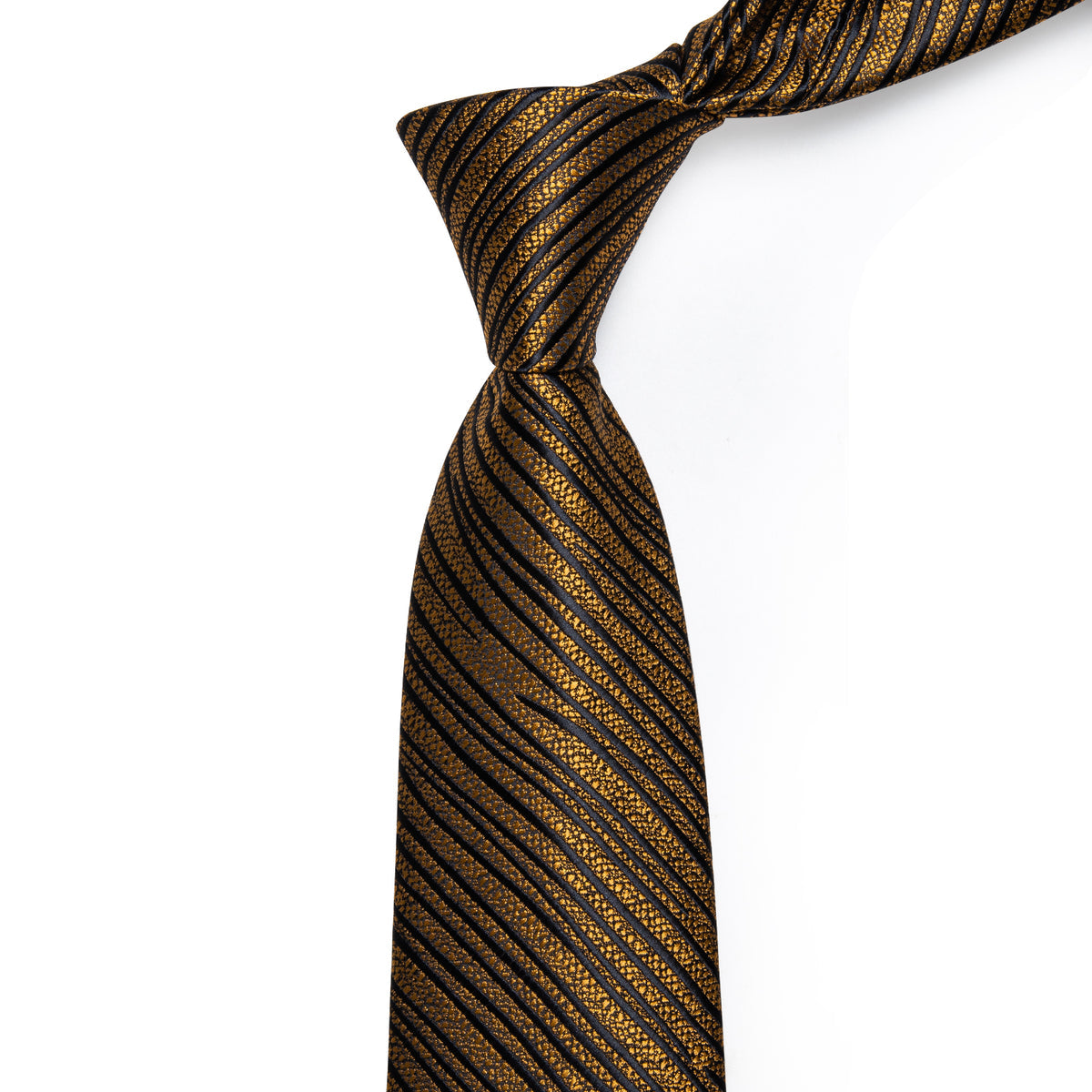 Gold and Black Striped Silk Tie, Pocket Square and Cufflinks tie sets - Sophisticated Gentlemen