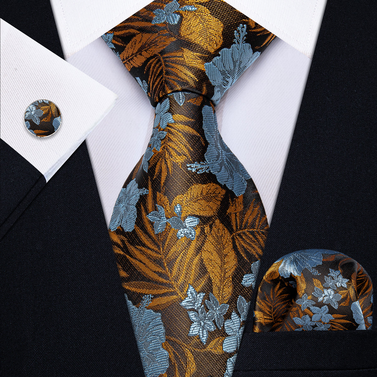 Blue and Gold Floral Silk Tie, Pocket Square and Cufflinks tie sets - Sophisticated Gentlemen