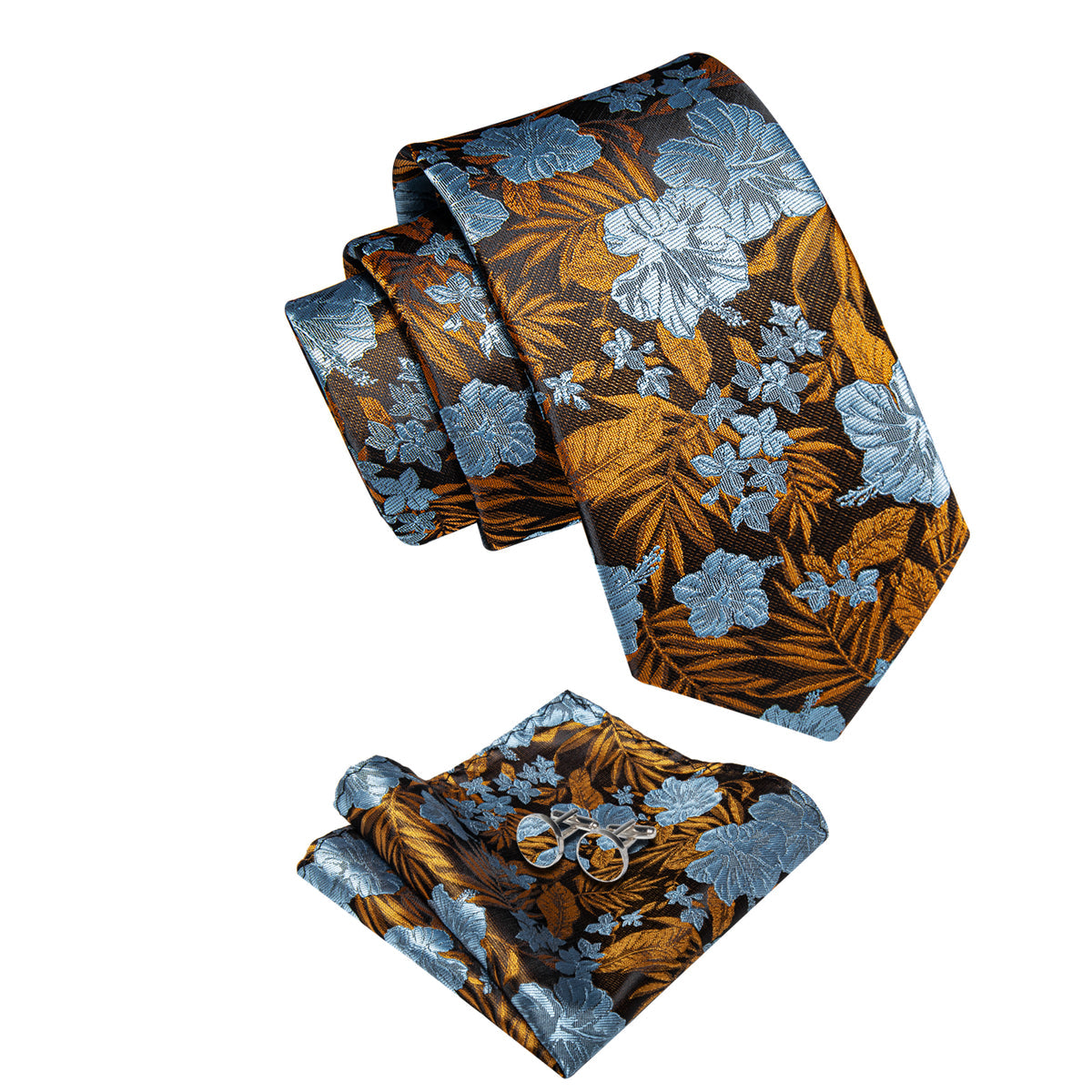 Blue and Gold Floral Silk Tie, Pocket Square and Cufflinks tie sets - Sophisticated Gentlemen