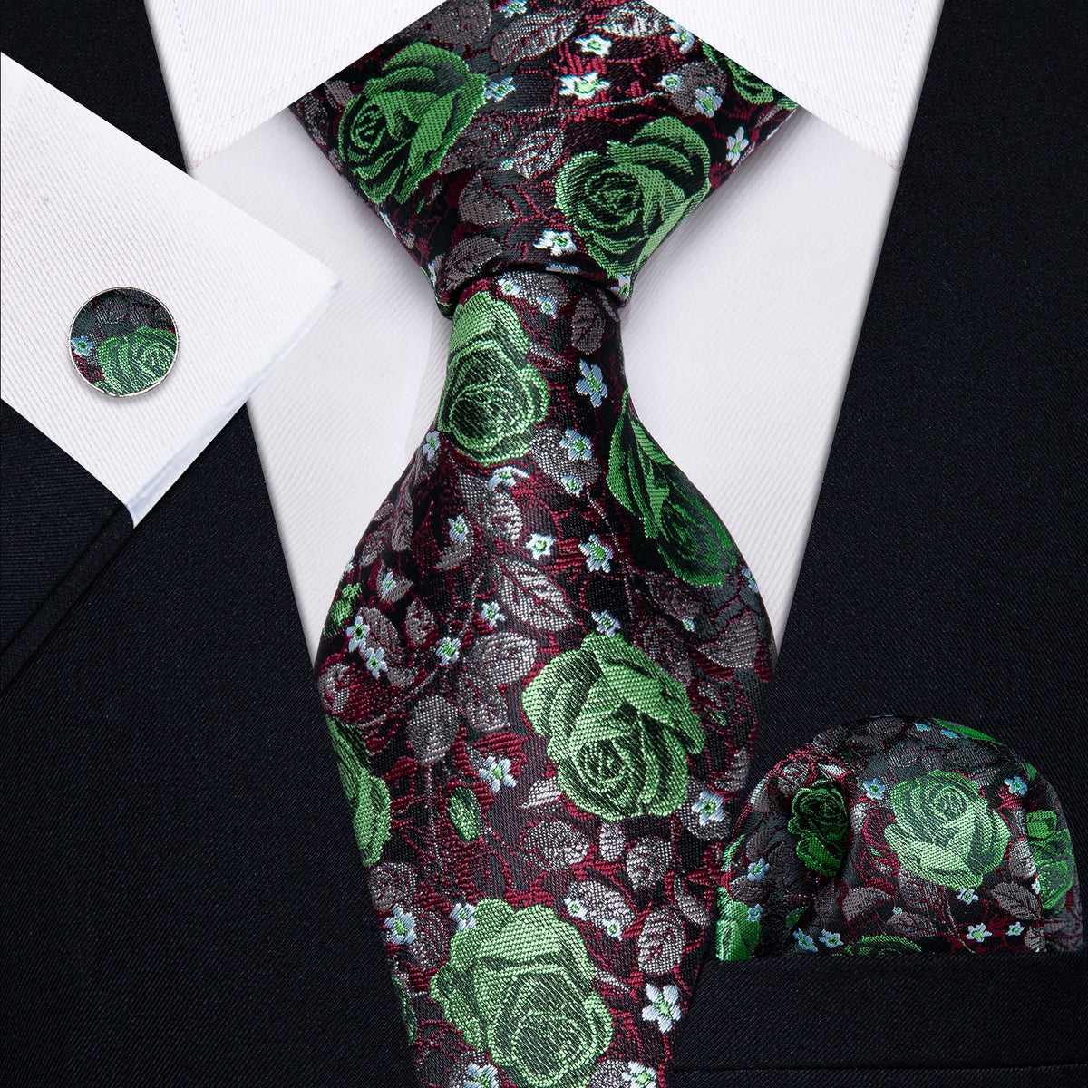 Green, Red and Black Floral Silk Tie, Pocket Square and Cufflinks tie sets - Sophisticated Gentlemen
