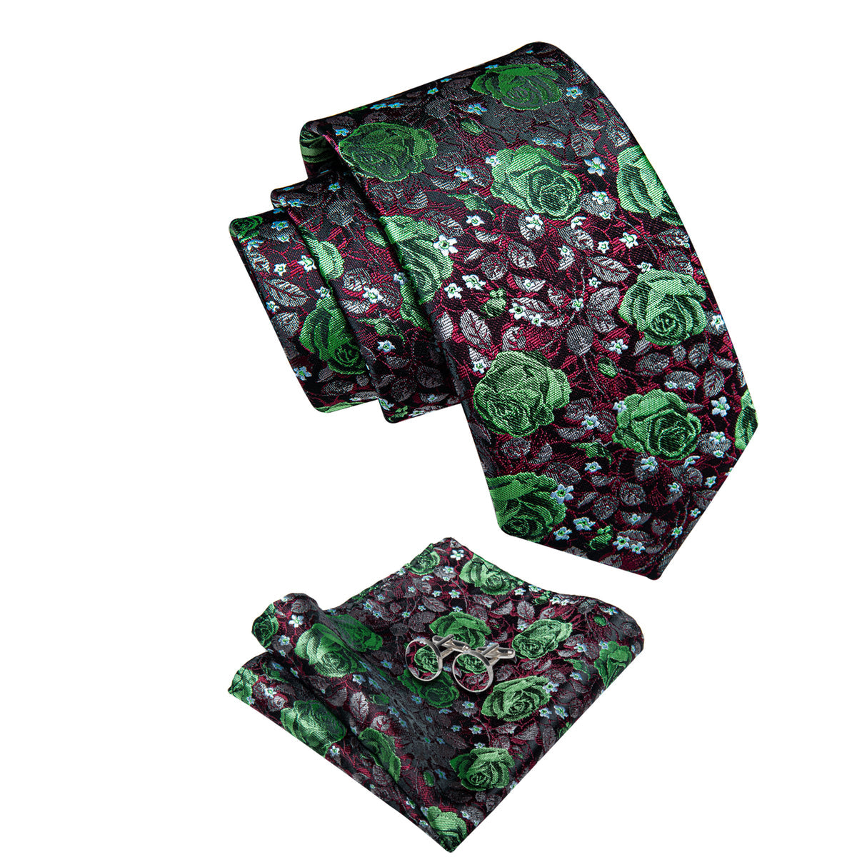 Green, Red and Black Floral Silk Tie, Pocket Square and Cufflinks tie sets - Sophisticated Gentlemen