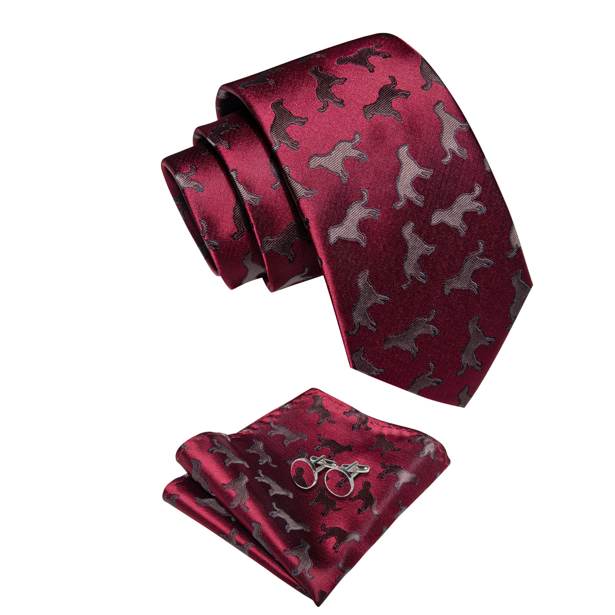 Burgundy Silk Dog Motif Tie, Pocket Square and Cufflinks tie sets - Sophisticated Gentlemen