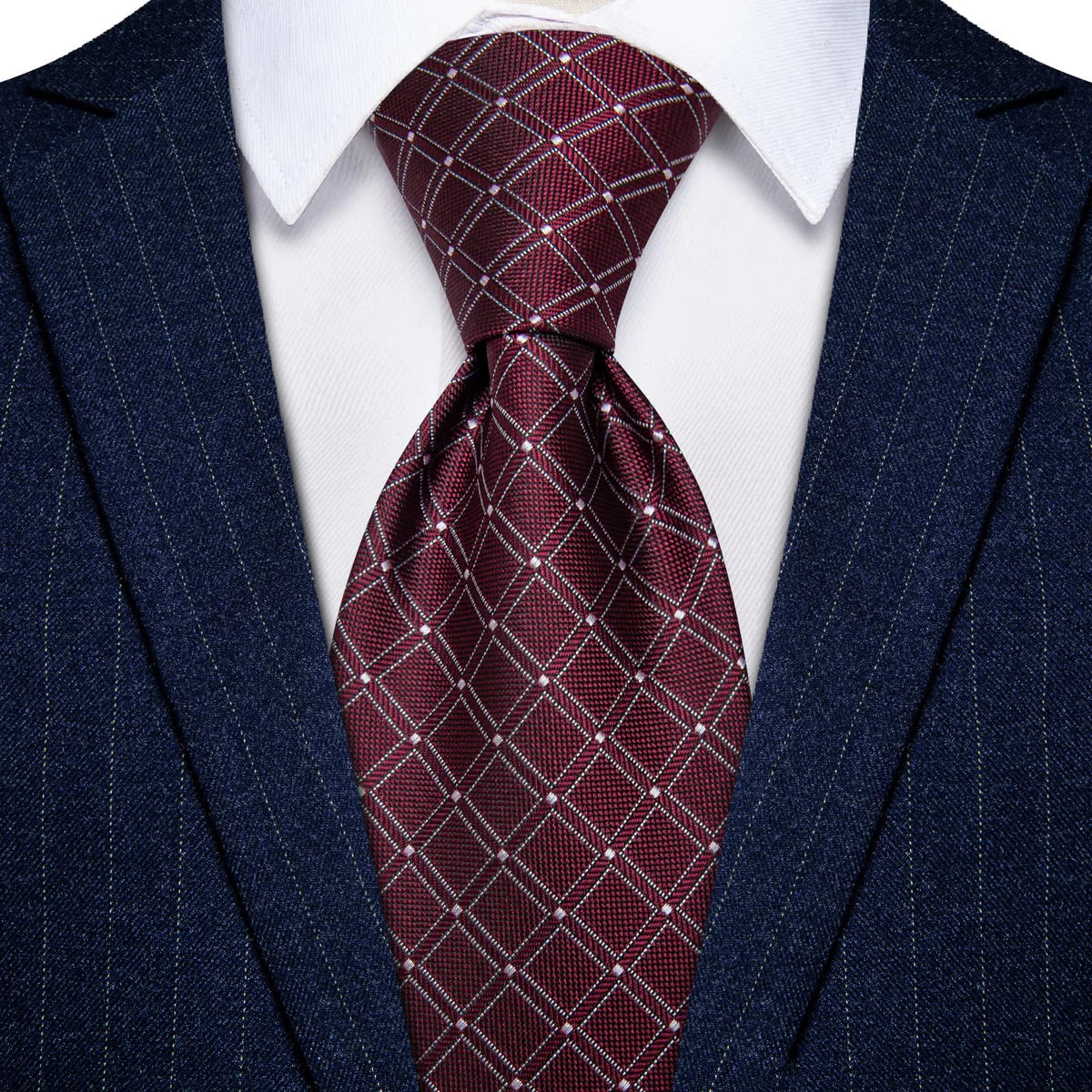 Burgundy & Silver Checkered Silk Tie - Classic Grid Pattern Necktie Set tie sets - Sophisticated Gentlemen