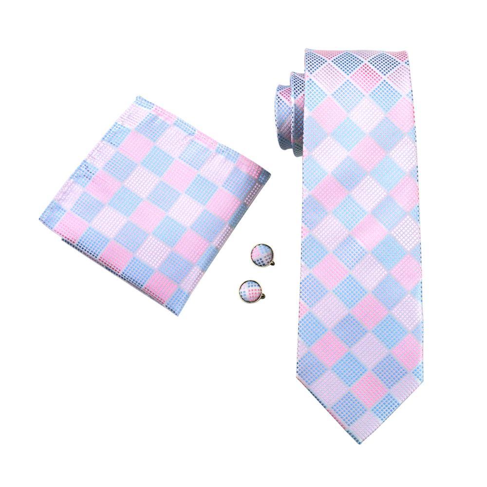 Sky Blue Pink Plaid Tie, Pocket Square and Cufflinks Set tie sets - Sophisticated Gentlemen
