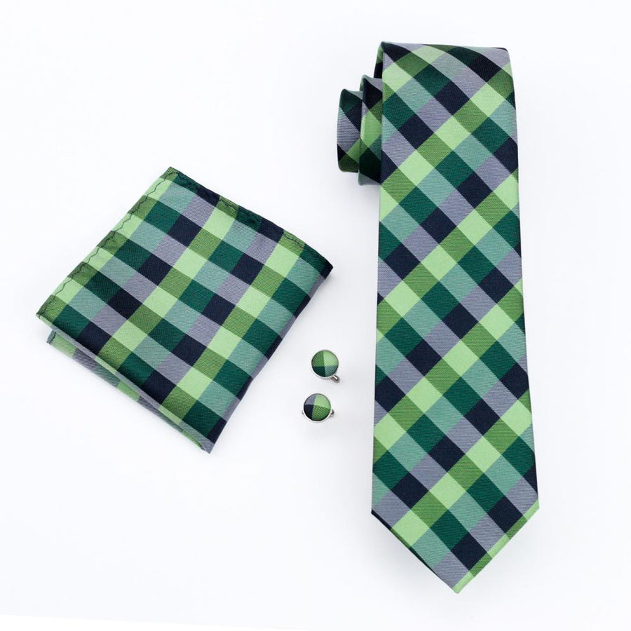 Green Plaid Silk XL Tie, Pocket Square and Cufflinks tie sets - Sophisticated Gentlemen