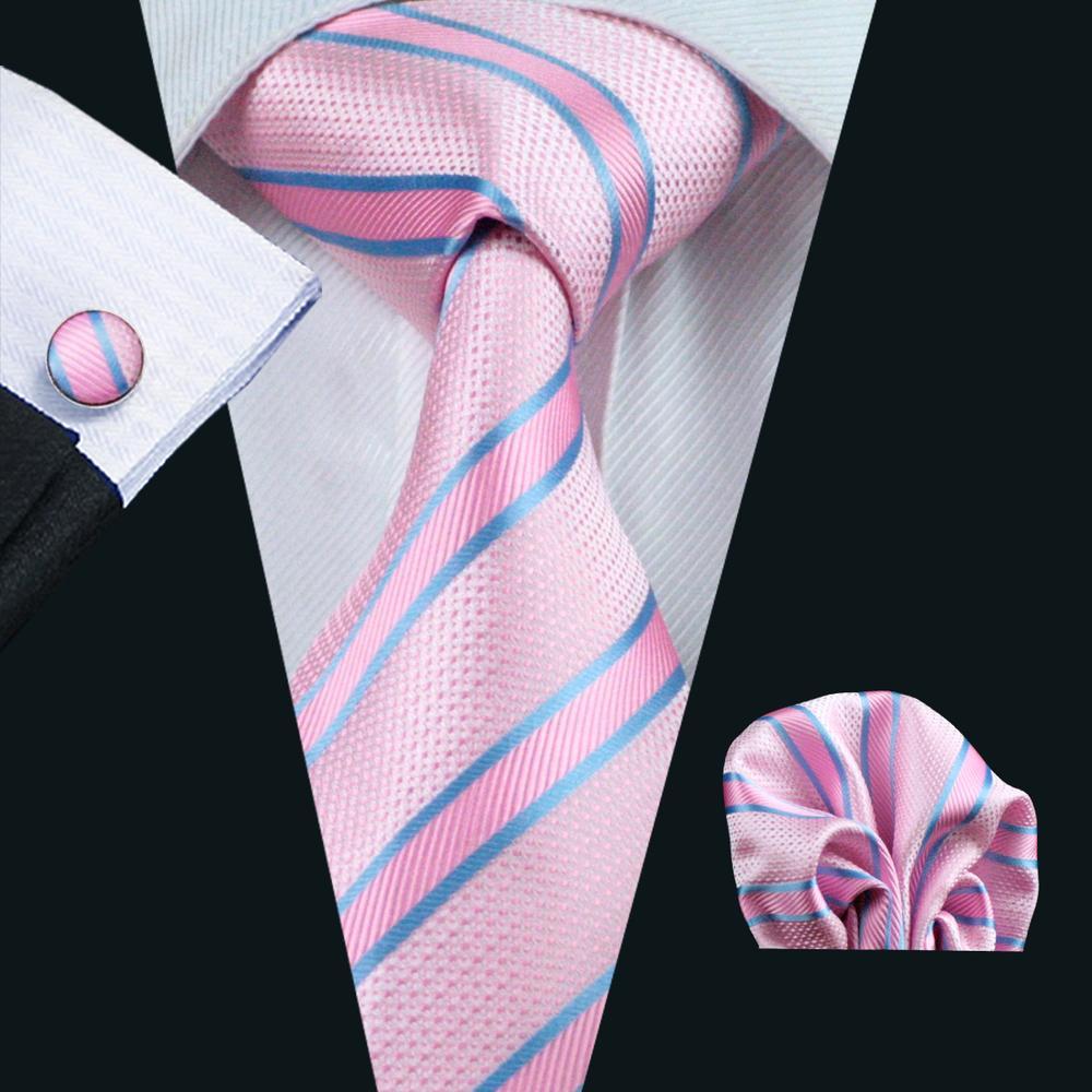 Pink Solid Blue Striped Silk Tie, Pocket Square and Cufflinks Set tie sets - Sophisticated Gentlemen