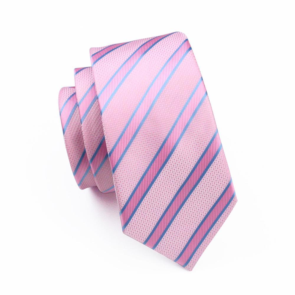 Pink Solid Blue Striped Silk Tie, Pocket Square and Cufflinks Set tie sets - Sophisticated Gentlemen