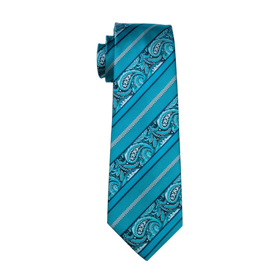 Cyan Paisley Silk XL Tie, Pocket Square and Cufflinks tie sets - Sophisticated Gentlemen