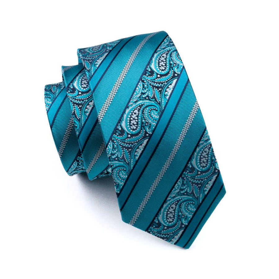 Cyan Paisley Silk XL Tie, Pocket Square and Cufflinks tie sets - Sophisticated Gentlemen