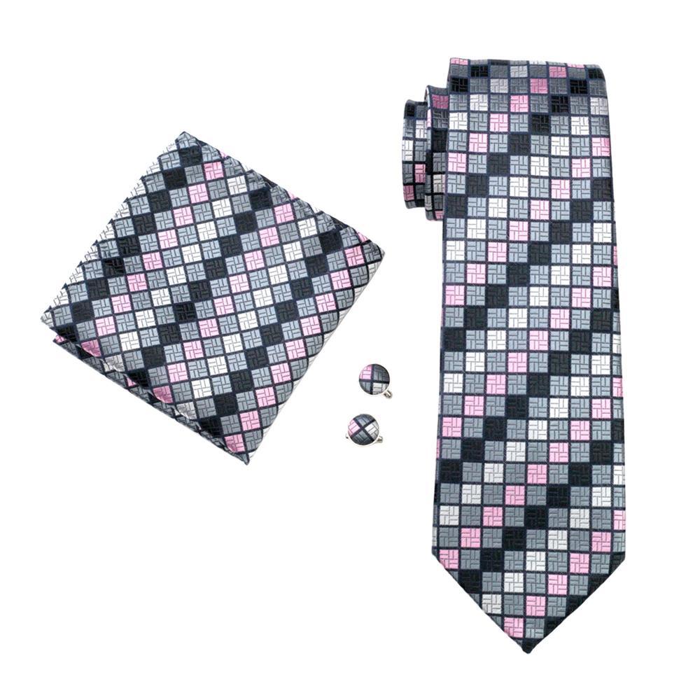 Pink and Gray Plaid Silk Tie, Pocket Square and Cufflinks Set tie sets - Sophisticated Gentlemen