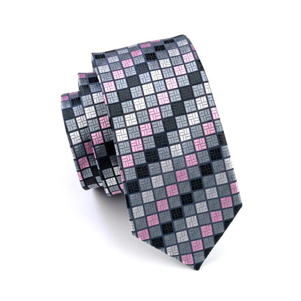Pink and Gray Plaid Silk Tie, Pocket Square and Cufflinks Set tie sets - Sophisticated Gentlemen
