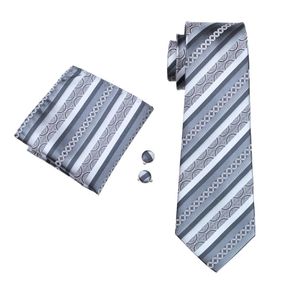 Silver Gray Striped Tie, Pocket Square and Cufflinks Set tie sets - Sophisticated Gentlemen