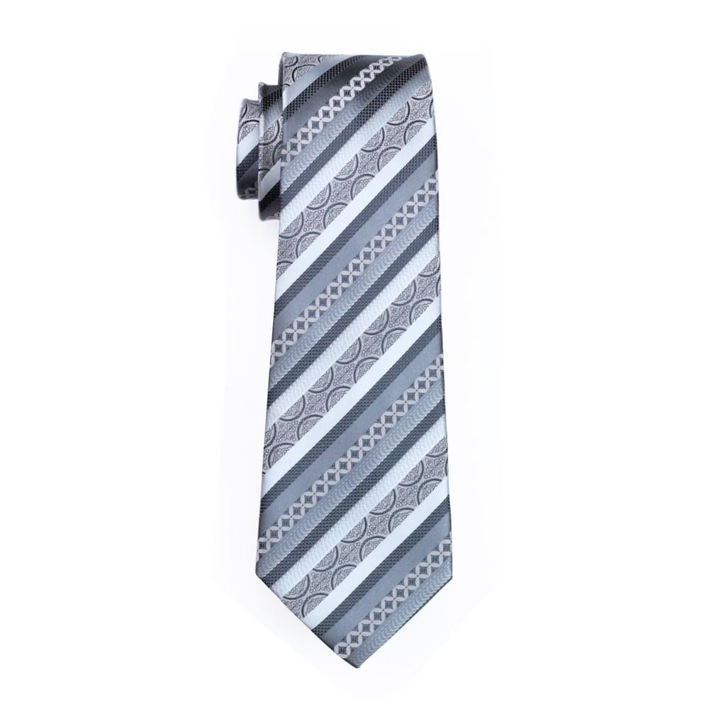 Silver Gray Striped Tie, Pocket Square and Cufflinks Set tie sets - Sophisticated Gentlemen