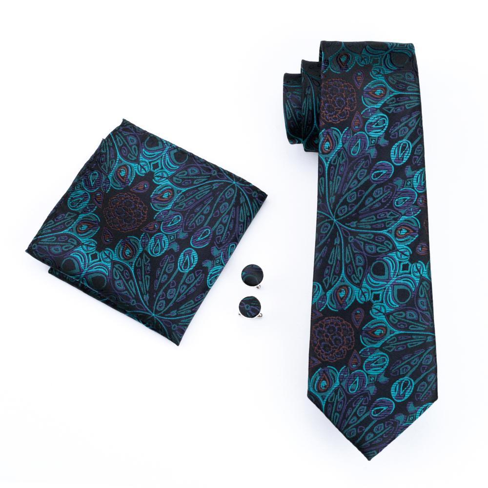 Cyan Black Paisley Silk Tie, Pocket Square and Cufflinks Set tie sets - Sophisticated Gentlemen