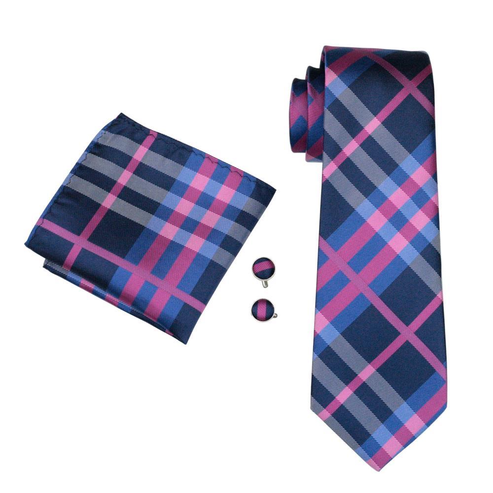 Classic Deep Blue Pink Plaid Tie, Pocket Square and Cufflinks Set tie sets - Sophisticated Gentlemen