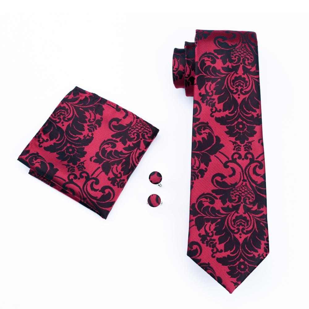 Black Red Floral Tie, Pocket Square and Cufflinks Set tie sets - Sophisticated Gentlemen