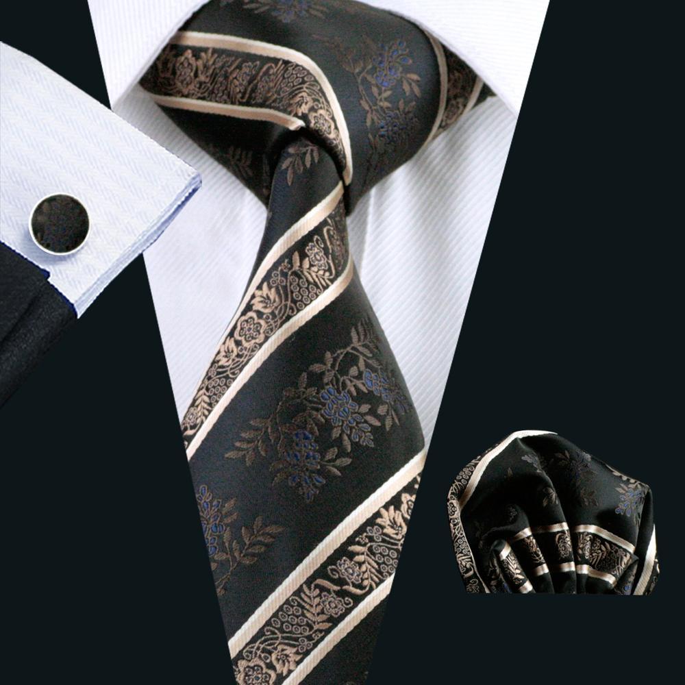 Black Champagne Beige Floral Tie, Pocket Square and Cufflinks Set tie sets - Sophisticated Gentlemen