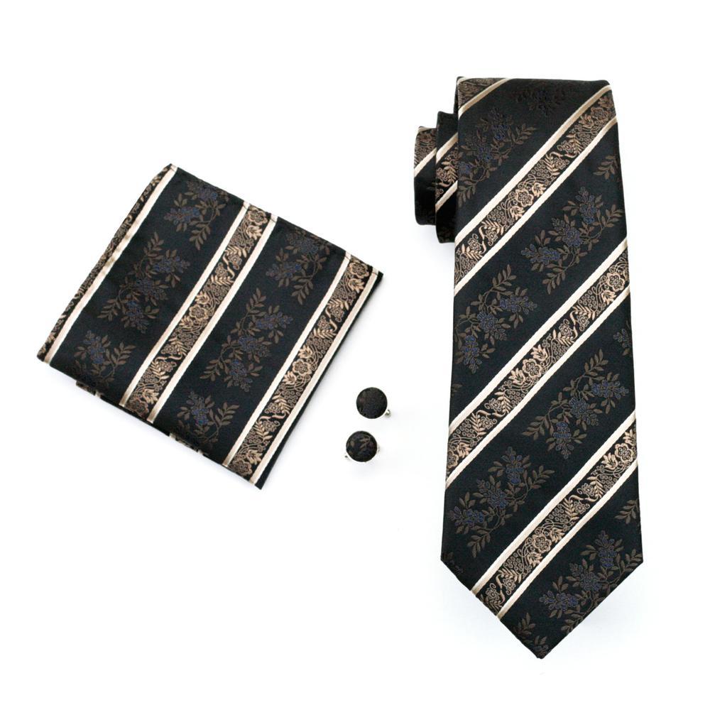 Black Champagne Beige Floral Tie, Pocket Square and Cufflinks Set tie sets - Sophisticated Gentlemen