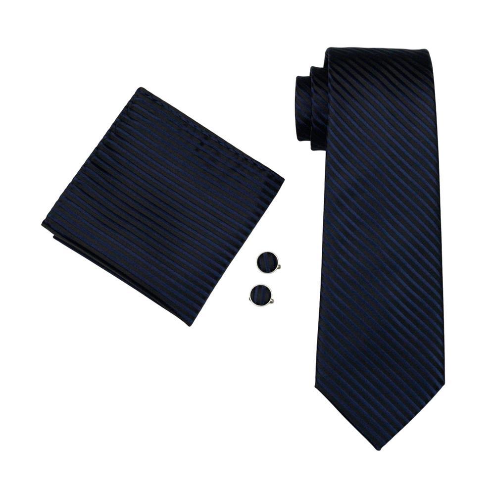 Black & Royal Blue Striped Silk Tie, Pocket Square & Cufflinks Set tie sets - Sophisticated Gentlemen