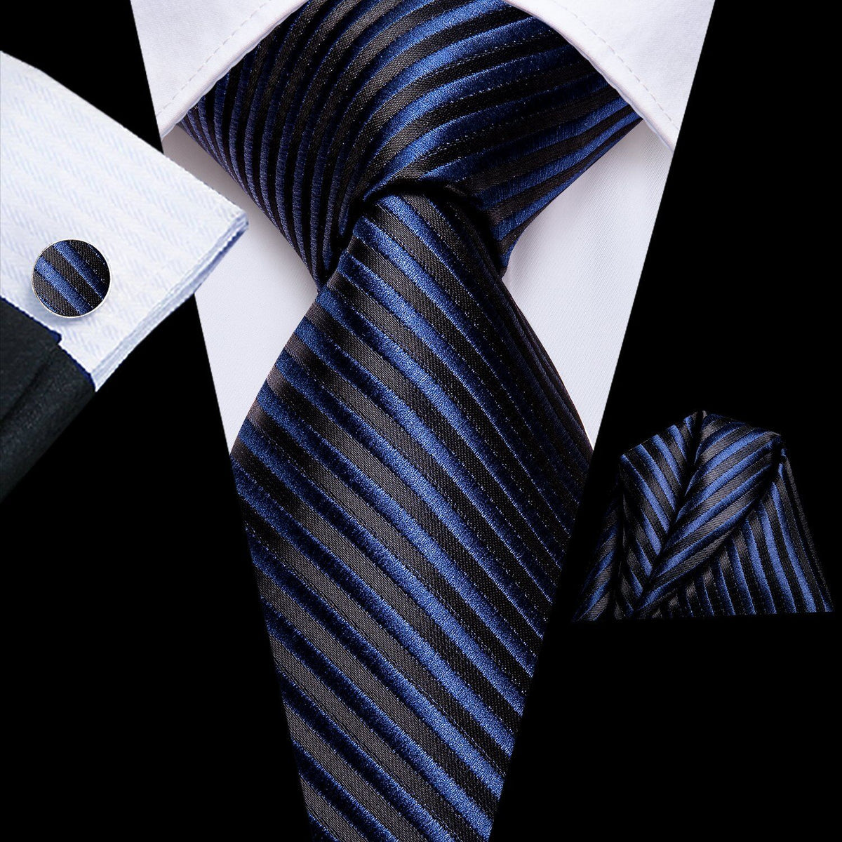 Black & Royal Blue Striped Silk Tie, Pocket Square & Cufflinks Set tie sets - Sophisticated Gentlemen