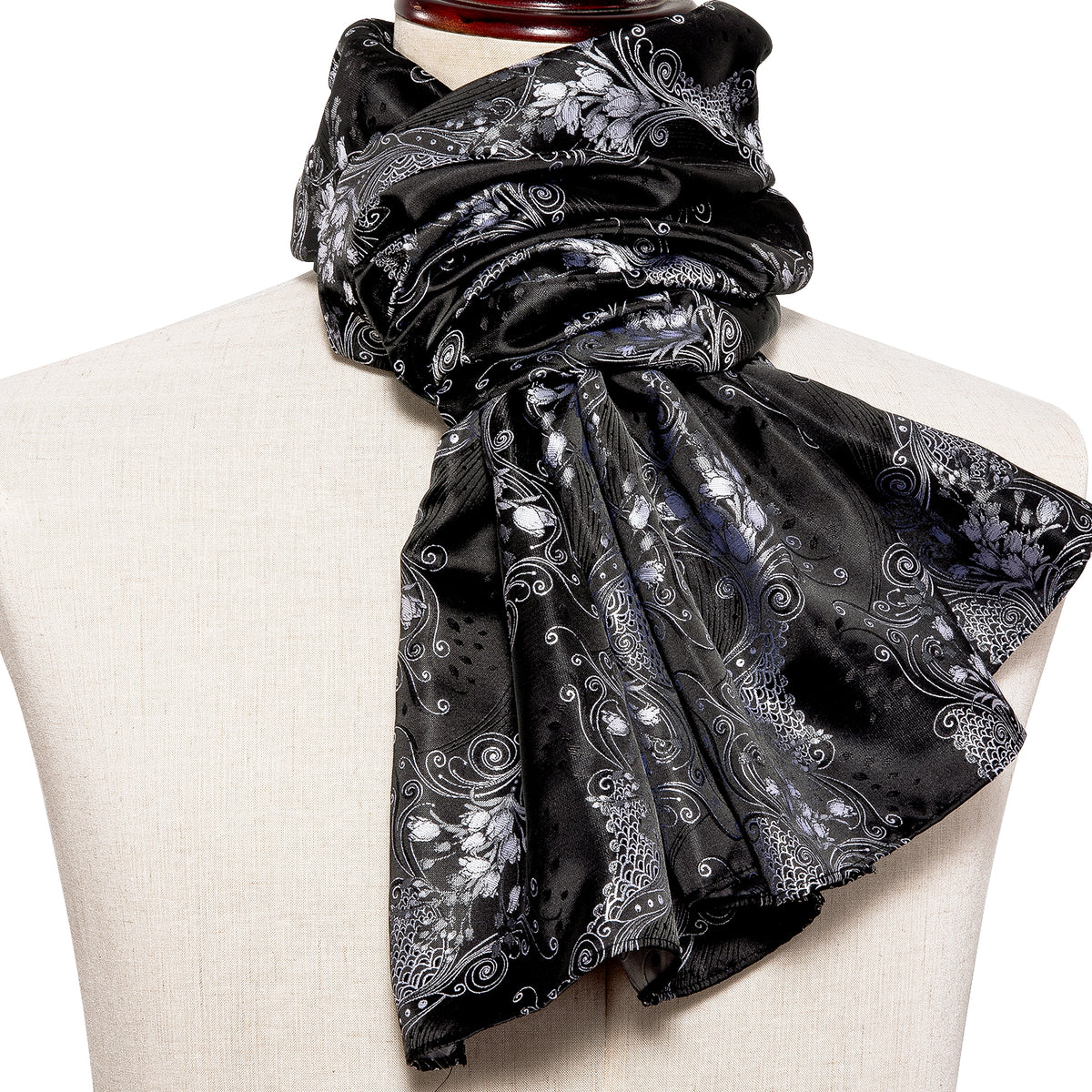 Luxury Black Silver Floral Scarf Scarf - Sophisticated Gentlemen