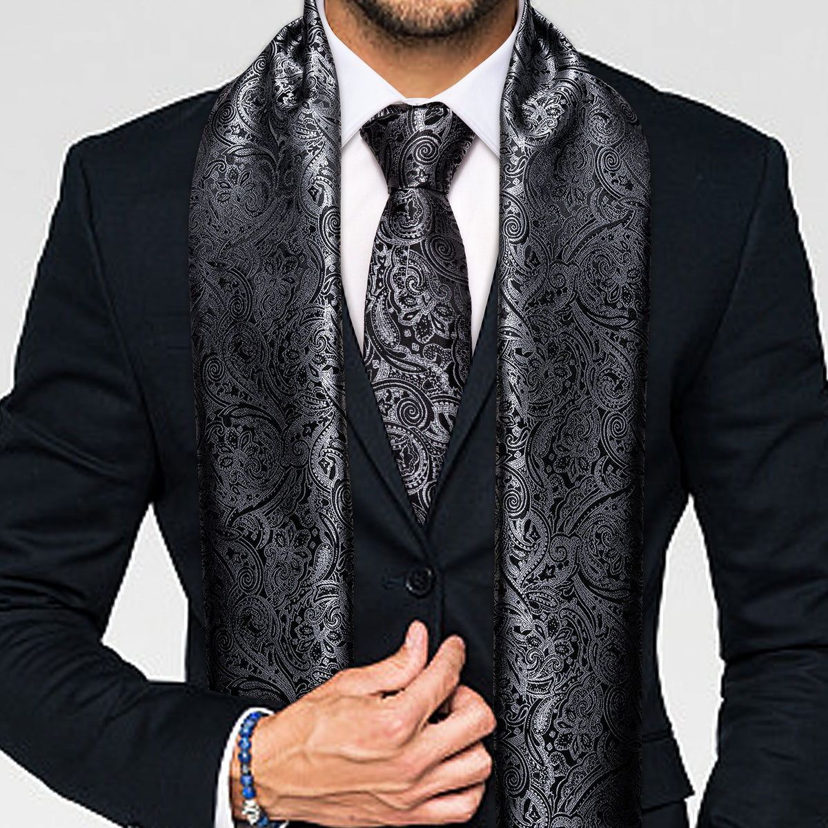 Luxury Black Silver Floral Scarf Scarf - Sophisticated Gentlemen
