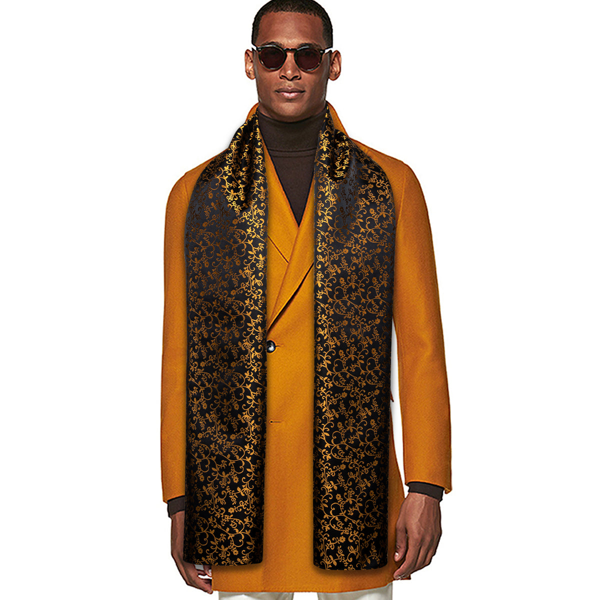 Luxury Black Gold Floral Silk Scarf Scarf - Sophisticated Gentlemen