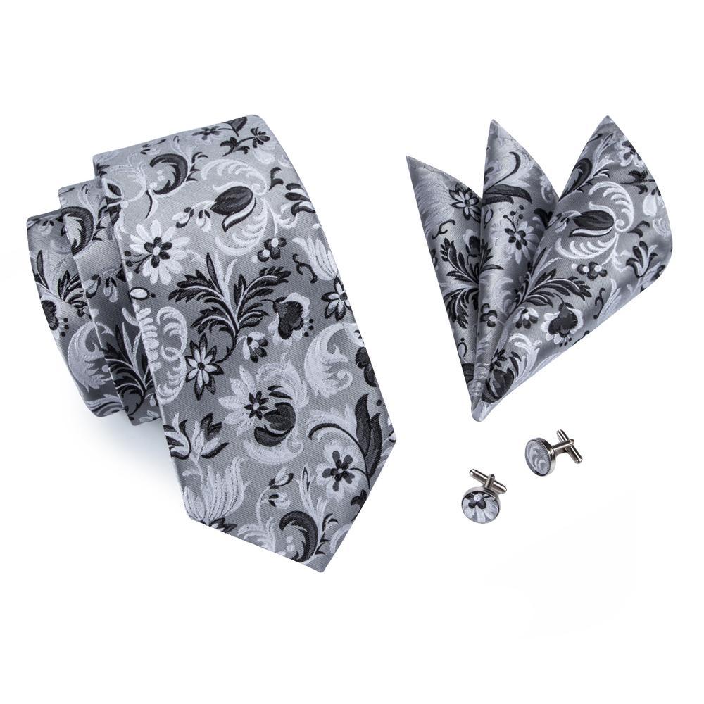 Gray Black Floral Tie, Pocket Square and Cufflinks Set tie sets - Sophisticated Gentlemen