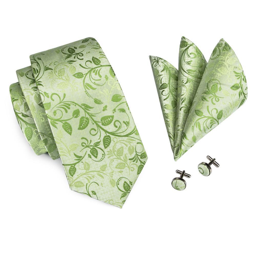 Green Floral Tie, Pocket Square and Cufflinks Set tie sets - Sophisticated Gentlemen
