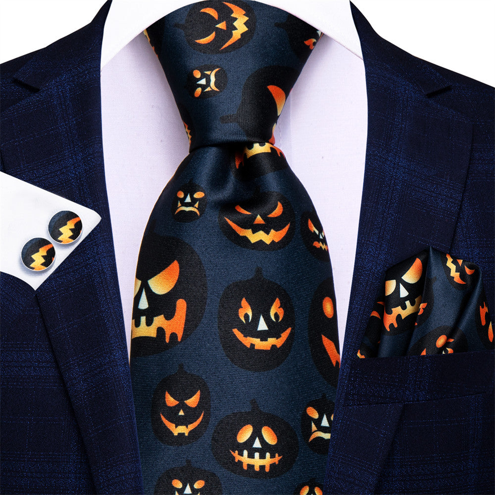 Orange Halloween Necktie Set with Jack-O'-Lantern Design tie sets    - Sophisticated Gentlemen