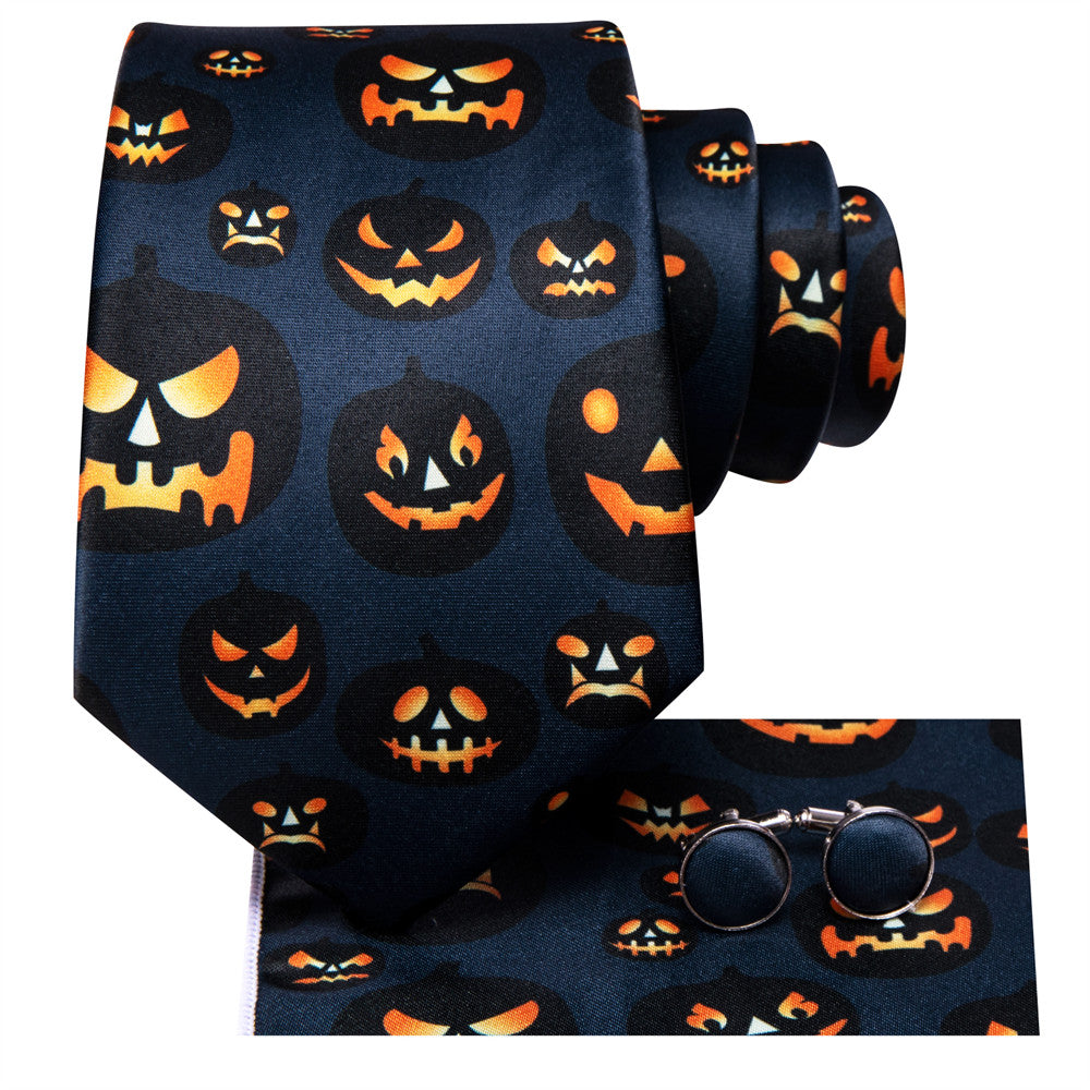 Orange Halloween Necktie Set with Jack-O'-Lantern Design tie sets    - Sophisticated Gentlemen