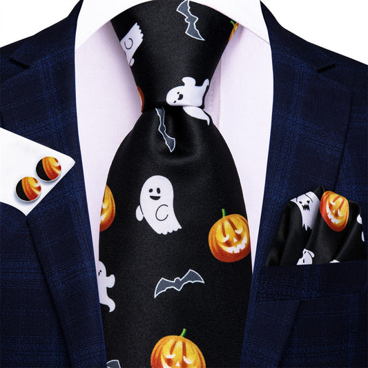 Black and Orange Halloween Necktie Set with Ghost and Jack-O'-Lantern Design tie sets    - Sophisticated Gentlemen