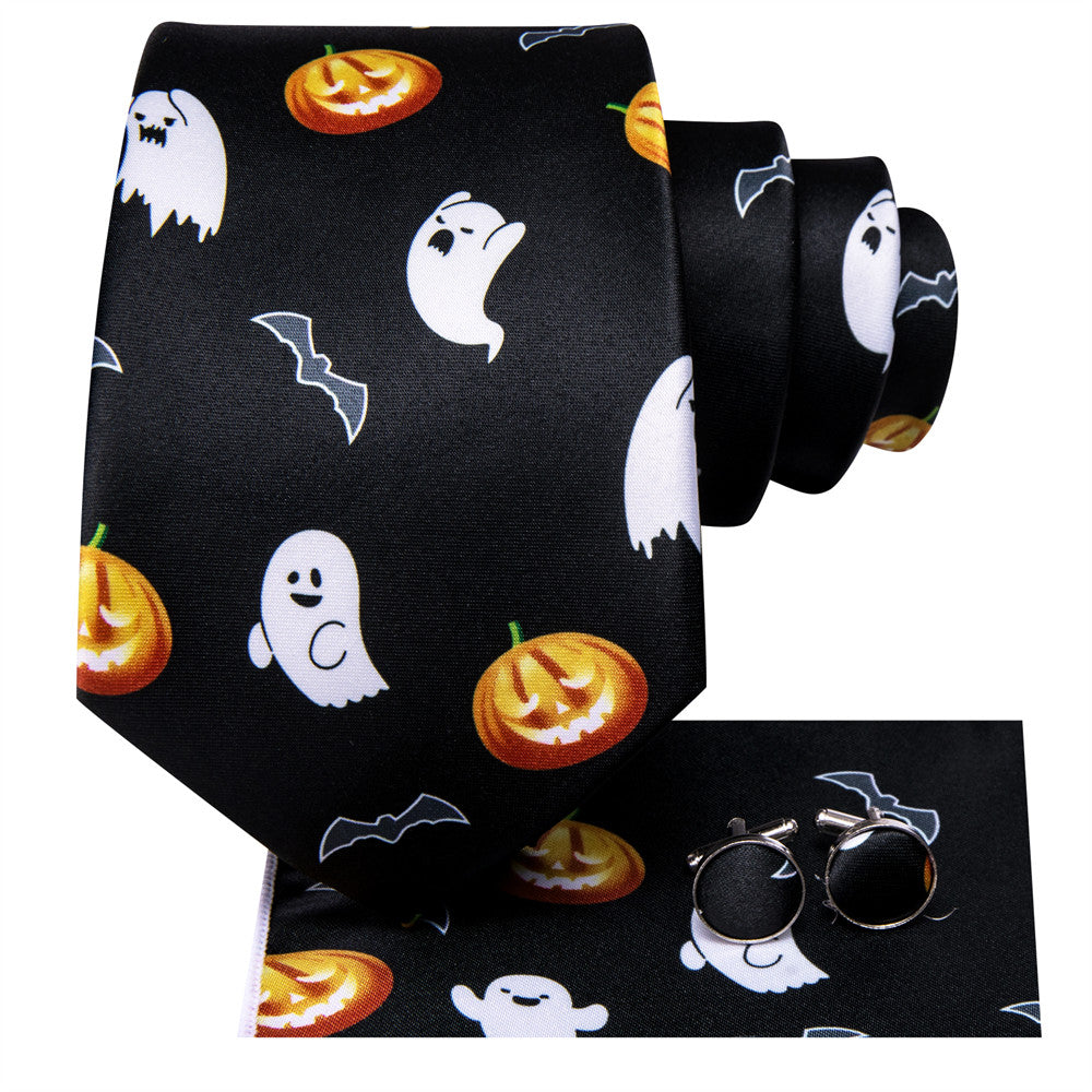 Black and Orange Halloween Necktie Set with Ghost and Jack-O'-Lantern Design tie sets    - Sophisticated Gentlemen