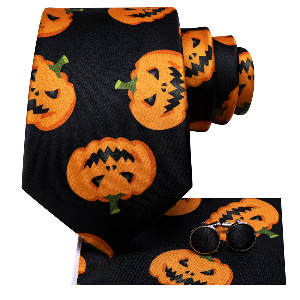 Black and Orange Halloween Necktie Set with Jack-O'-Lantern Design tie sets    - Sophisticated Gentlemen
