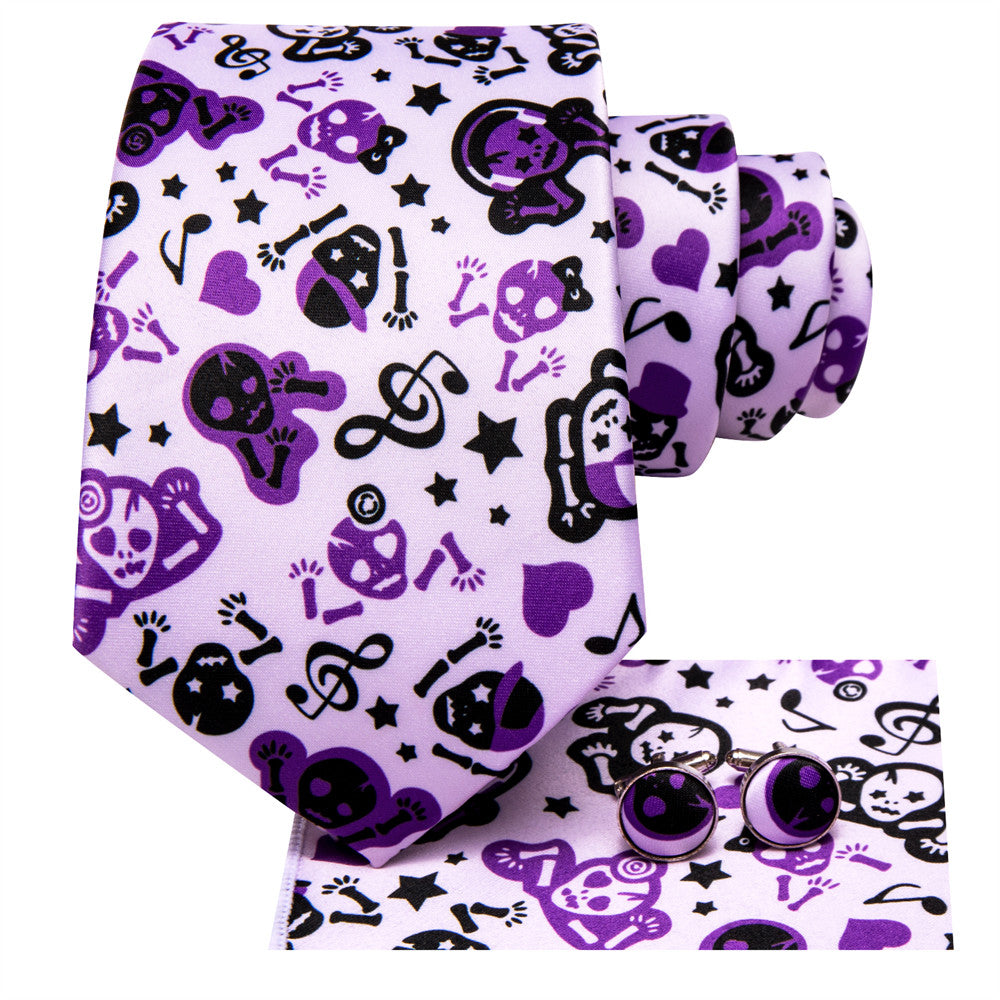 Purple Skull & Music Note Necktie Set with Pocket Square and Cufflinks tie sets    - Sophisticated Gentlemen