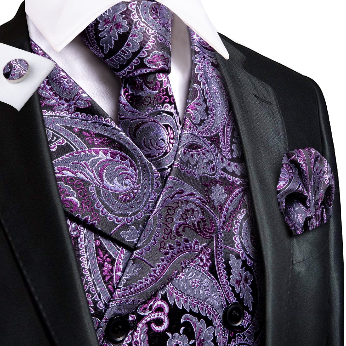 Purple and Black Paisley Vest Set Vest set S (Chest 40) - Sophisticated Gentlemen