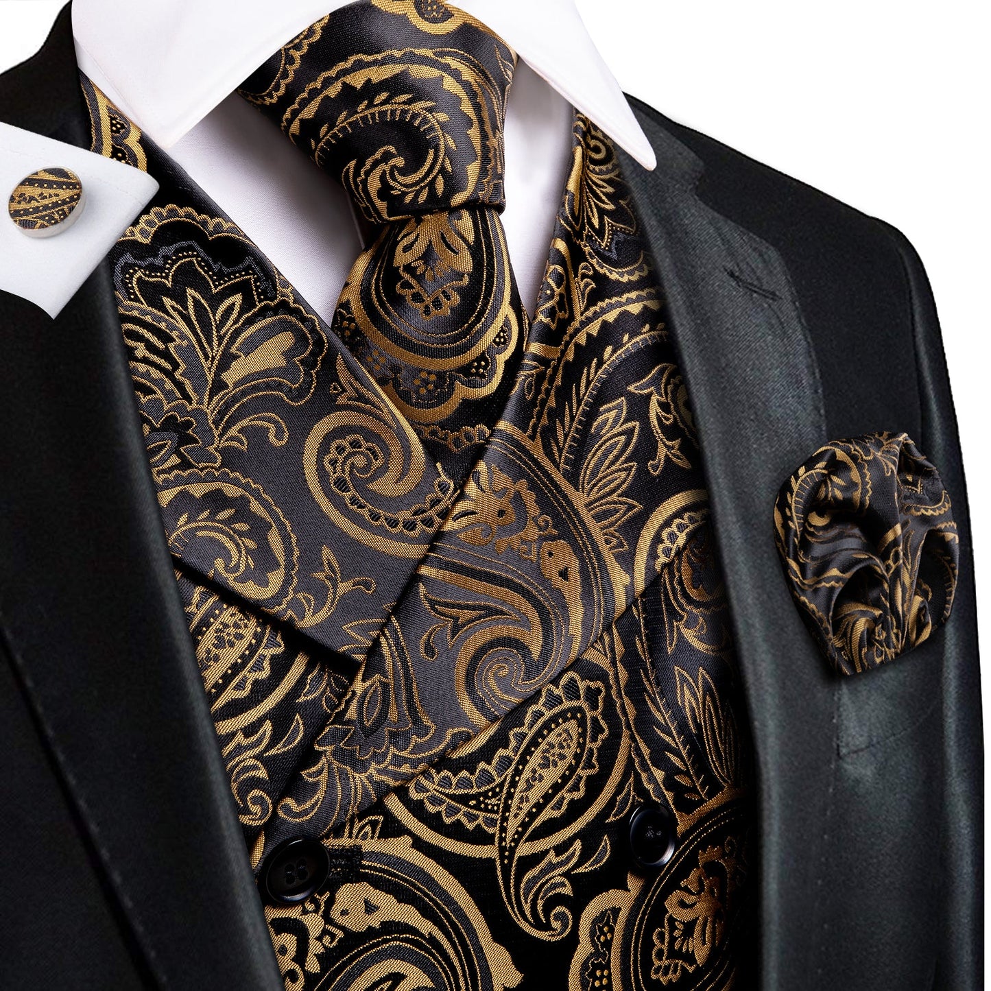 Gold and Black Paisley Vest Set vest set S (Chest 40) - Sophisticated Gentlemen