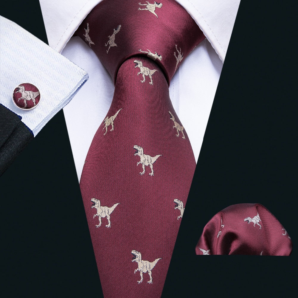 Dinosaurs Tie, Pocket Square and Cufflinks in Red tie sets - Sophisticated Gentlemen