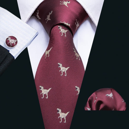 Dinosaurs Tie, Pocket Square and Cufflinks in Red tie sets - Sophisticated Gentlemen