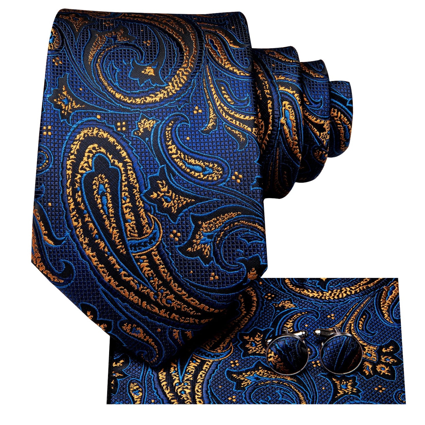 Blue and Gold Paisley Silk Tie, Pocket Square and Cufflinks tie sets - Sophisticated Gentlemen