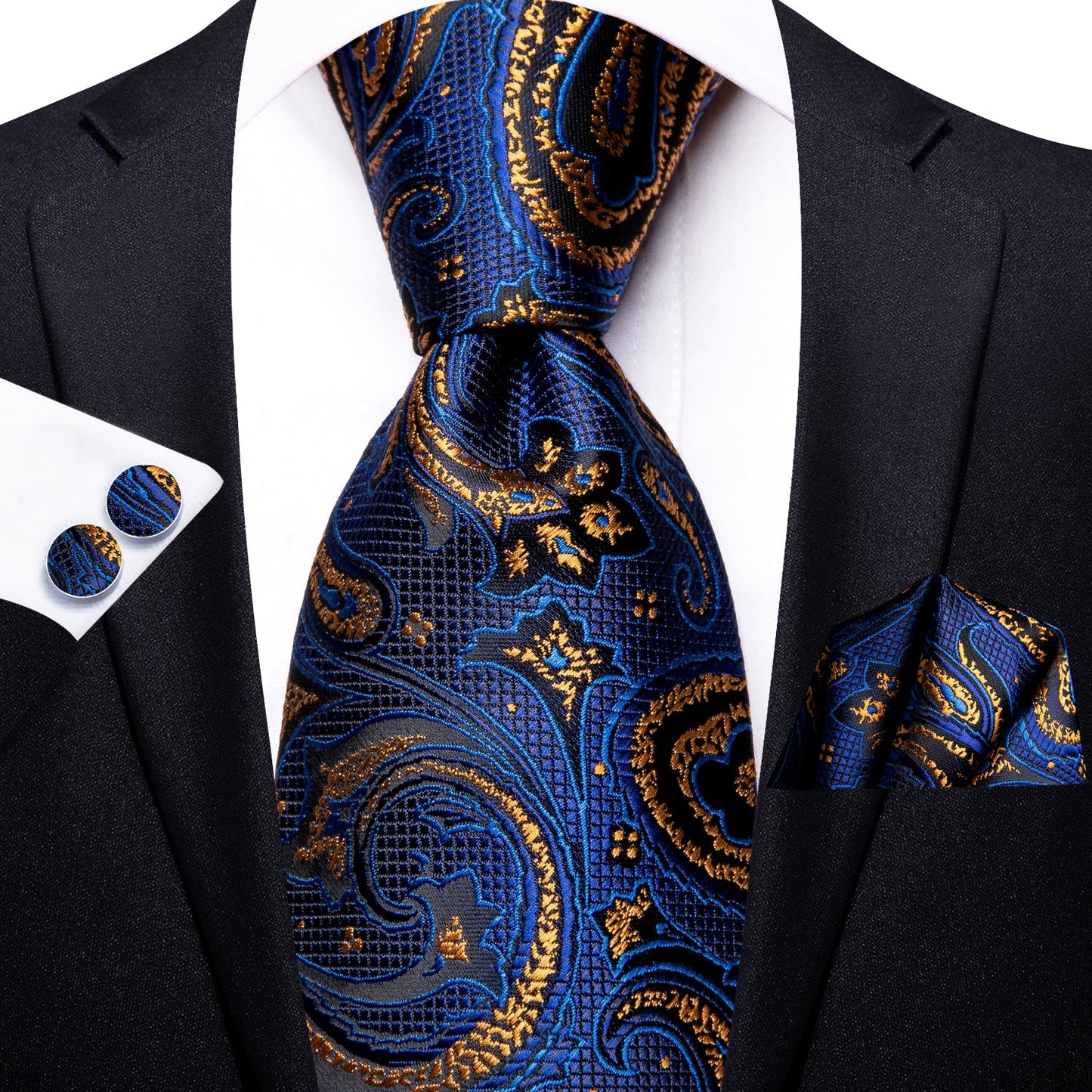 Blue and Gold Paisley Silk Tie, Pocket Square and Cufflinks tie sets - Sophisticated Gentlemen