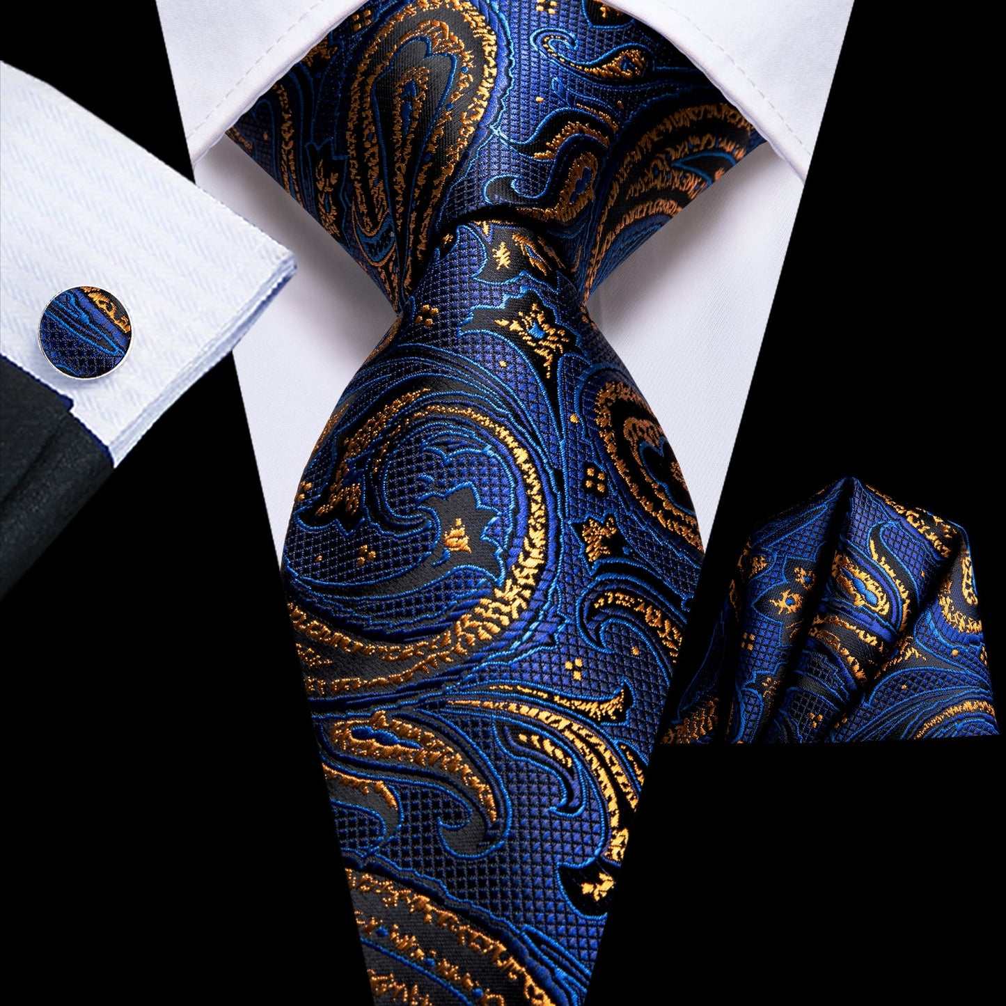 Blue and Gold Paisley Silk Tie, Pocket Square and Cufflinks tie sets - Sophisticated Gentlemen