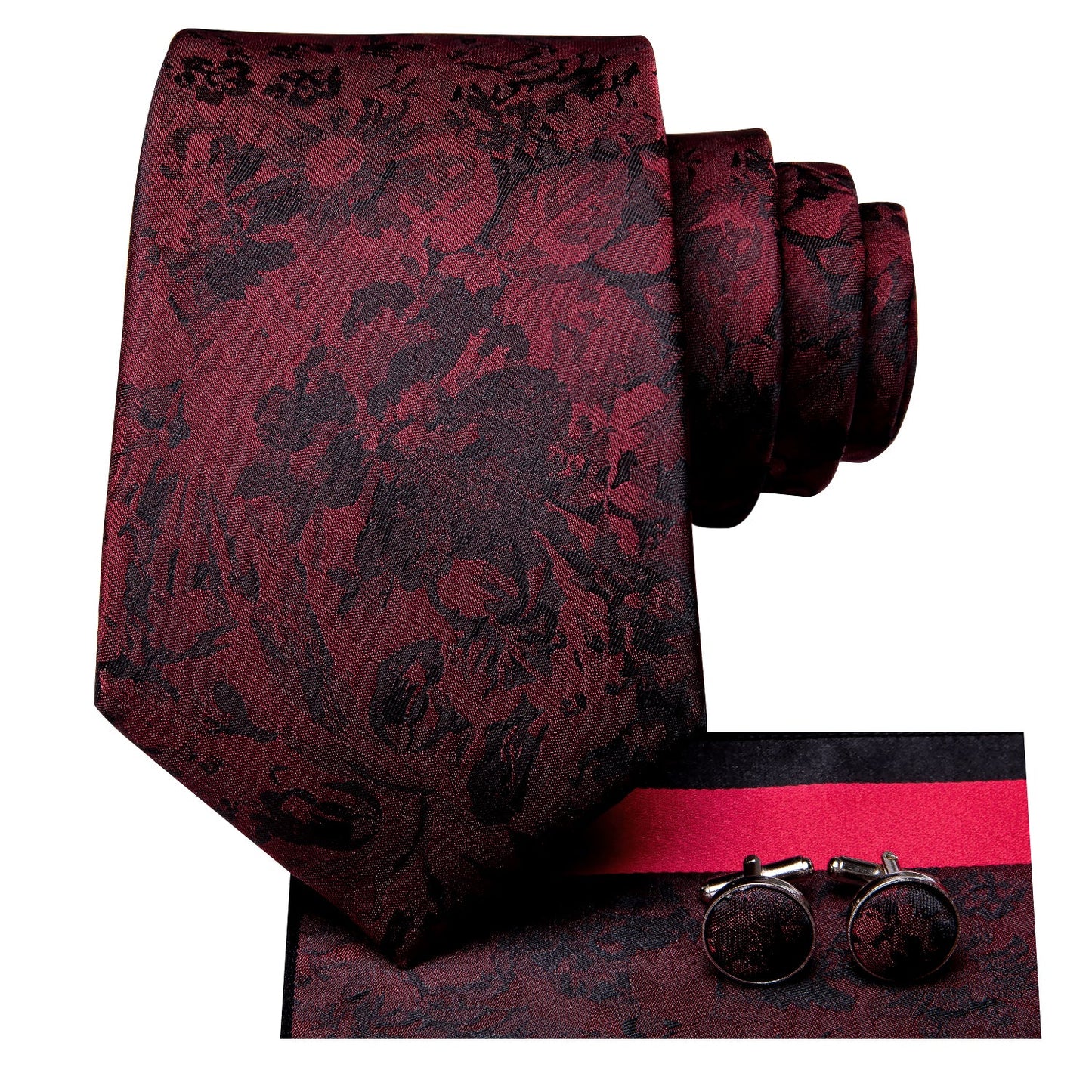 Red and Black Floral Silk Tie, Pocket Square and Cufflinks tie sets - Sophisticated Gentlemen