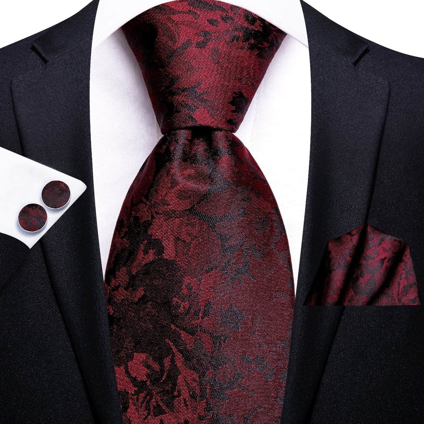 Red and Black Floral Silk Tie, Pocket Square and Cufflinks tie sets - Sophisticated Gentlemen