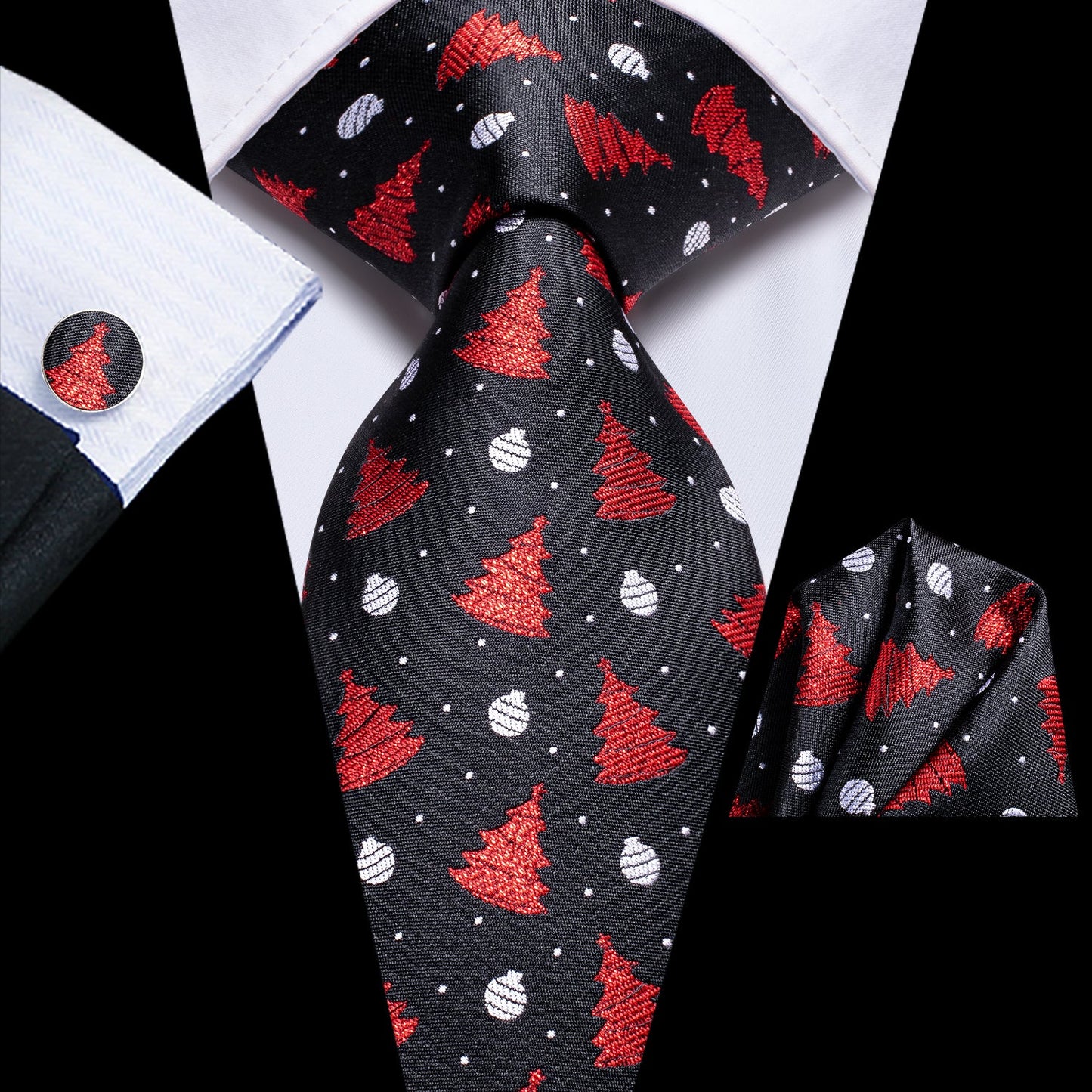 Christmas Balls and Trees Tie, Pocket Square and Cufflinks in Black tie sets - Sophisticated Gentlemen